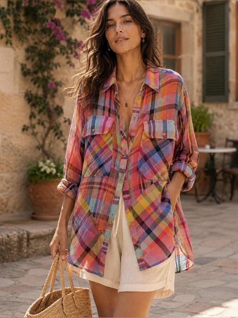 Anthropologie Pilcro Long-Sleeve Mixed Madras Plaid Oversized Buttondown Shirt
